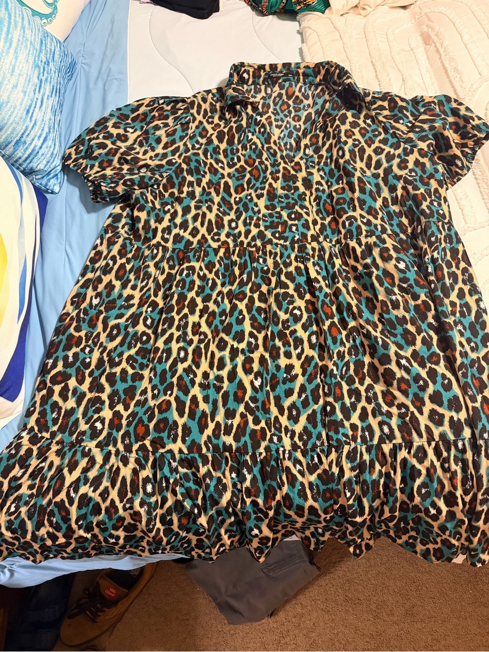 Womens' Leopard Print Tiered Dress in Teal and Brown